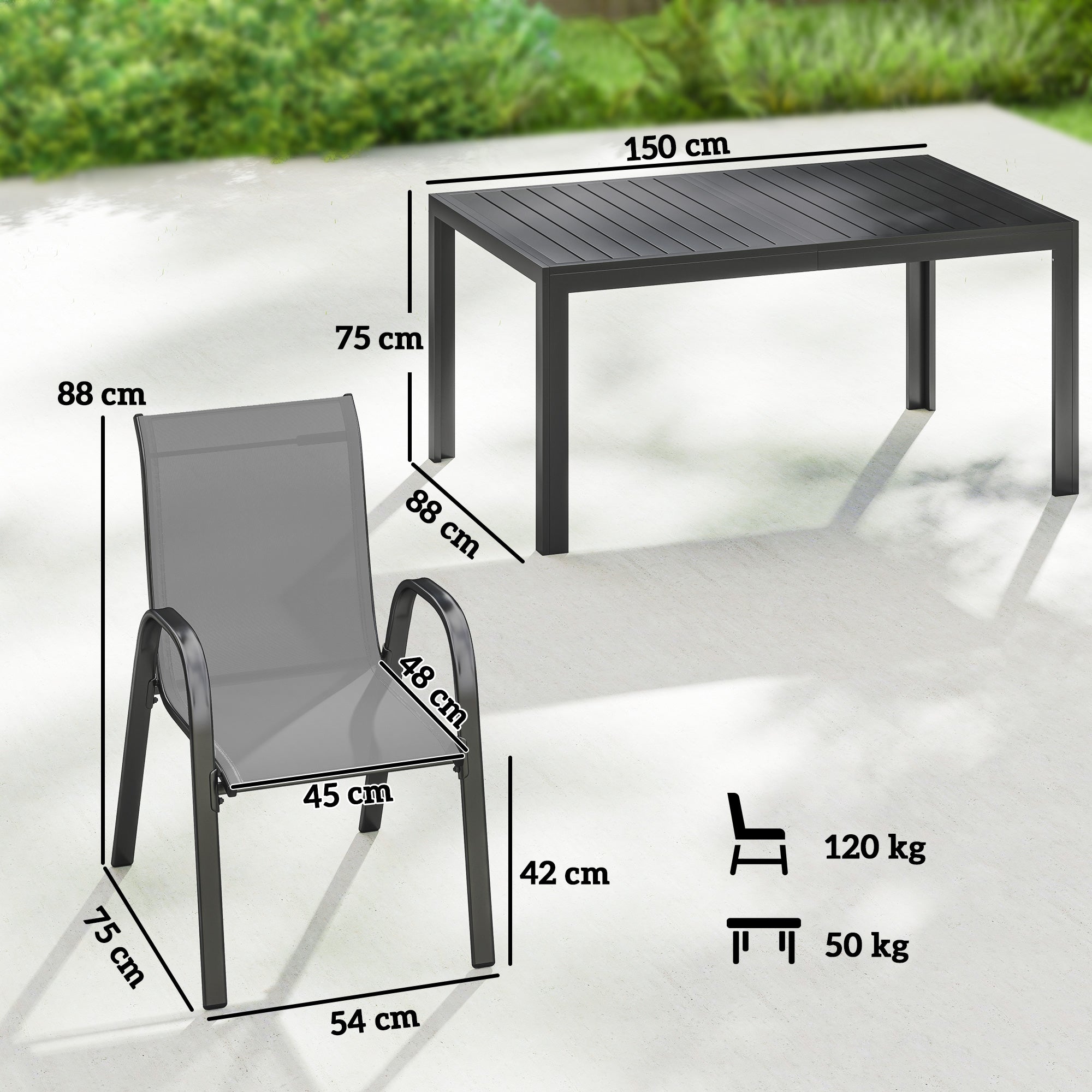 7-Piece Garden Dining Set — Rectangular Table with 6 Stackable Textilene Chairs, Light Gray
