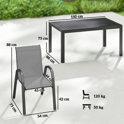 7-Piece Garden Dining Set — Rectangular Table with 6 Stackable Textilene Chairs, Light Gray