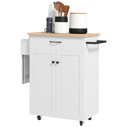 Kitchen Trolley, Rolling Serving Cart with Hevea Wood Top, Kitchen Furniture with Drawer, 2-Door Cabinet, and Spice Rack, 83 x 45 x 91.5 cm, White