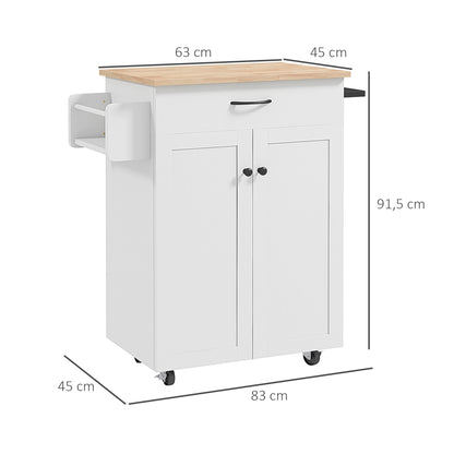 Kitchen Trolley, Rolling Serving Cart with Hevea Wood Top, Kitchen Furniture with Drawer, 2-Door Cabinet, and Spice Rack, 83 x 45 x 91.5 cm, White