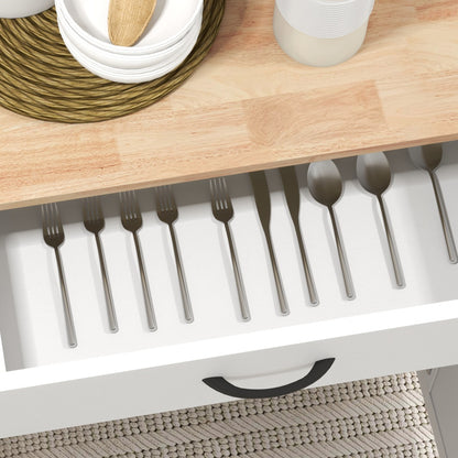 Kitchen Trolley, Rolling Serving Cart with Hevea Wood Top, Kitchen Furniture with Drawer, 2-Door Cabinet, and Spice Rack, 83 x 45 x 91.5 cm, White