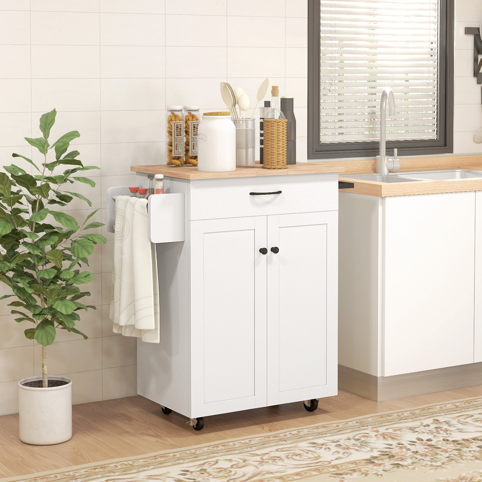 Kitchen Trolley, Rolling Serving Cart with Hevea Wood Top, Kitchen Furniture with Drawer, 2-Door Cabinet, and Spice Rack, 83 x 45 x 91.5 cm, White