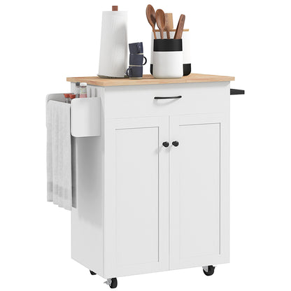 Kitchen Trolley, Rolling Serving Cart with Hevea Wood Top, Kitchen Furniture with Drawer, 2-Door Cabinet, and Spice Rack, 83 x 45 x 91.5 cm, White