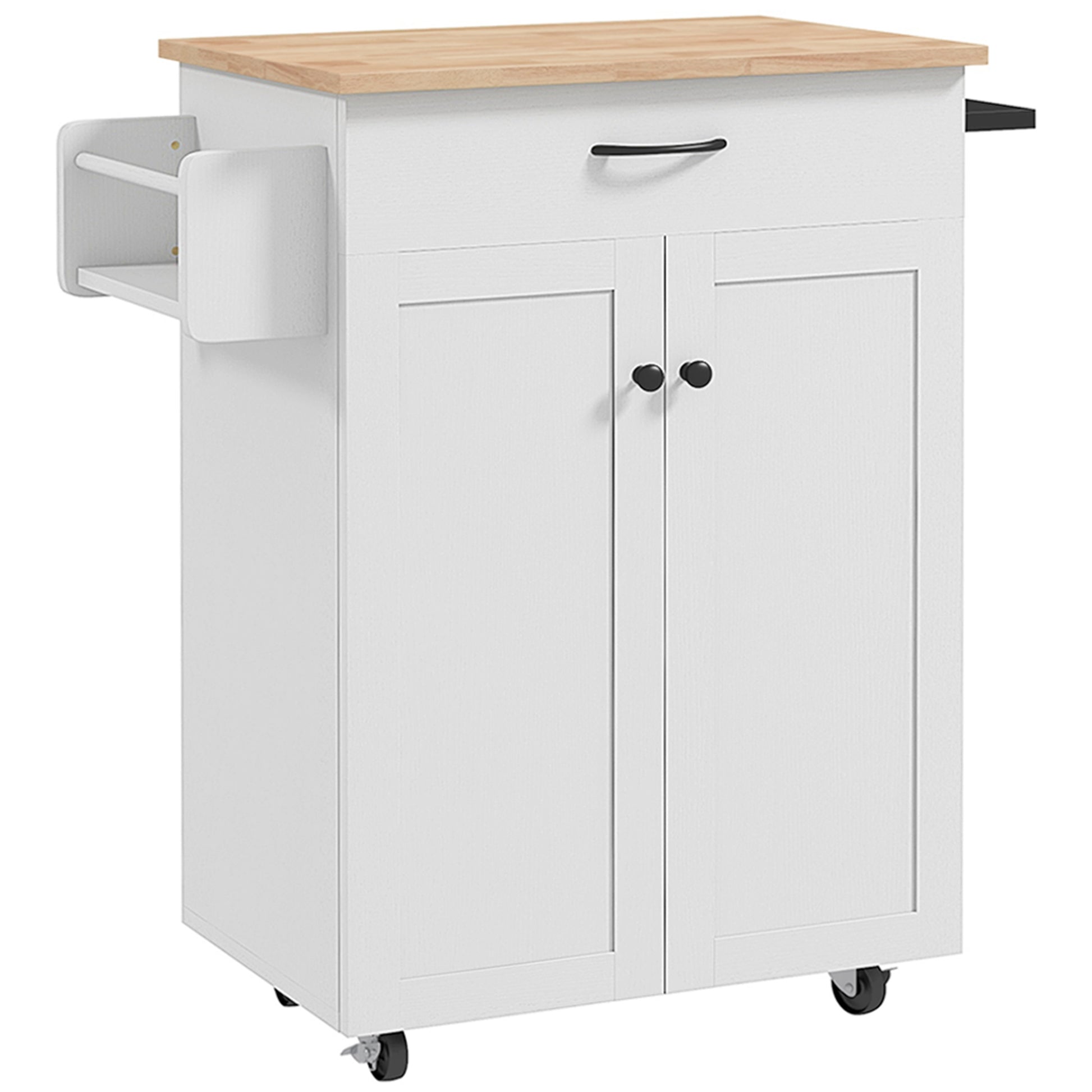 Kitchen Trolley, Rolling Serving Cart with Hevea Wood Top, Kitchen Furniture with Drawer, 2-Door Cabinet, and Spice Rack, 83 x 45 x 91.5 cm, White