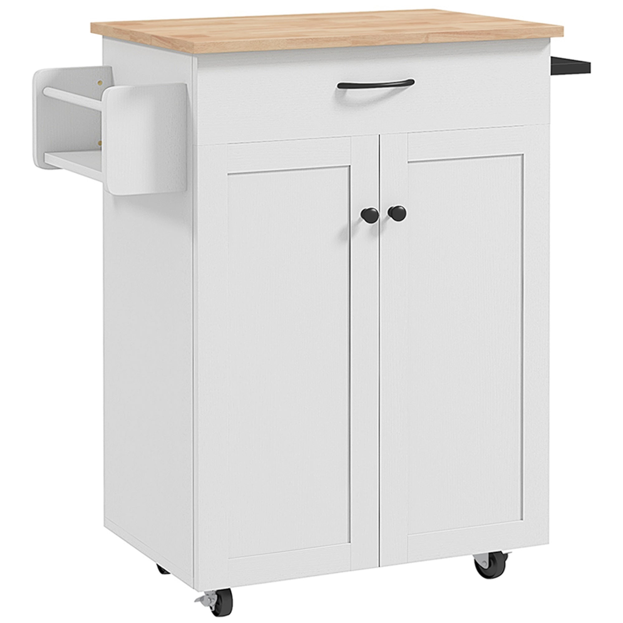Kitchen Trolley, Rolling Serving Cart with Hevea Wood Top, Kitchen Furniture with Drawer, 2-Door Cabinet, and Spice Rack, 83 x 45 x 91.5 cm, White