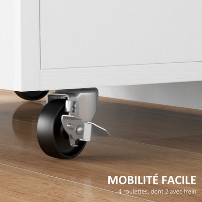 Kitchen Trolley, Rolling Serving Cart with Hevea Wood Top, Kitchen Furniture with Drawer, 2-Door Cabinet, and Spice Rack, 83 x 45 x 91.5 cm, White