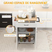 Kitchen Trolley, Rolling Serving Cart with Hevea Wood Top, Kitchen Furniture with Drawer, 2-Door Cabinet, and Spice Rack, 83 x 45 x 91.5 cm, White