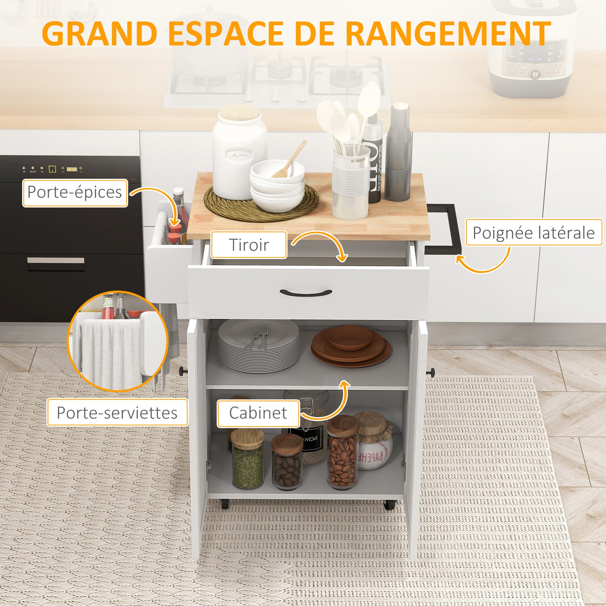 Kitchen Trolley, Rolling Serving Cart with Hevea Wood Top, Kitchen Furniture with Drawer, 2-Door Cabinet, and Spice Rack, 83 x 45 x 91.5 cm, White