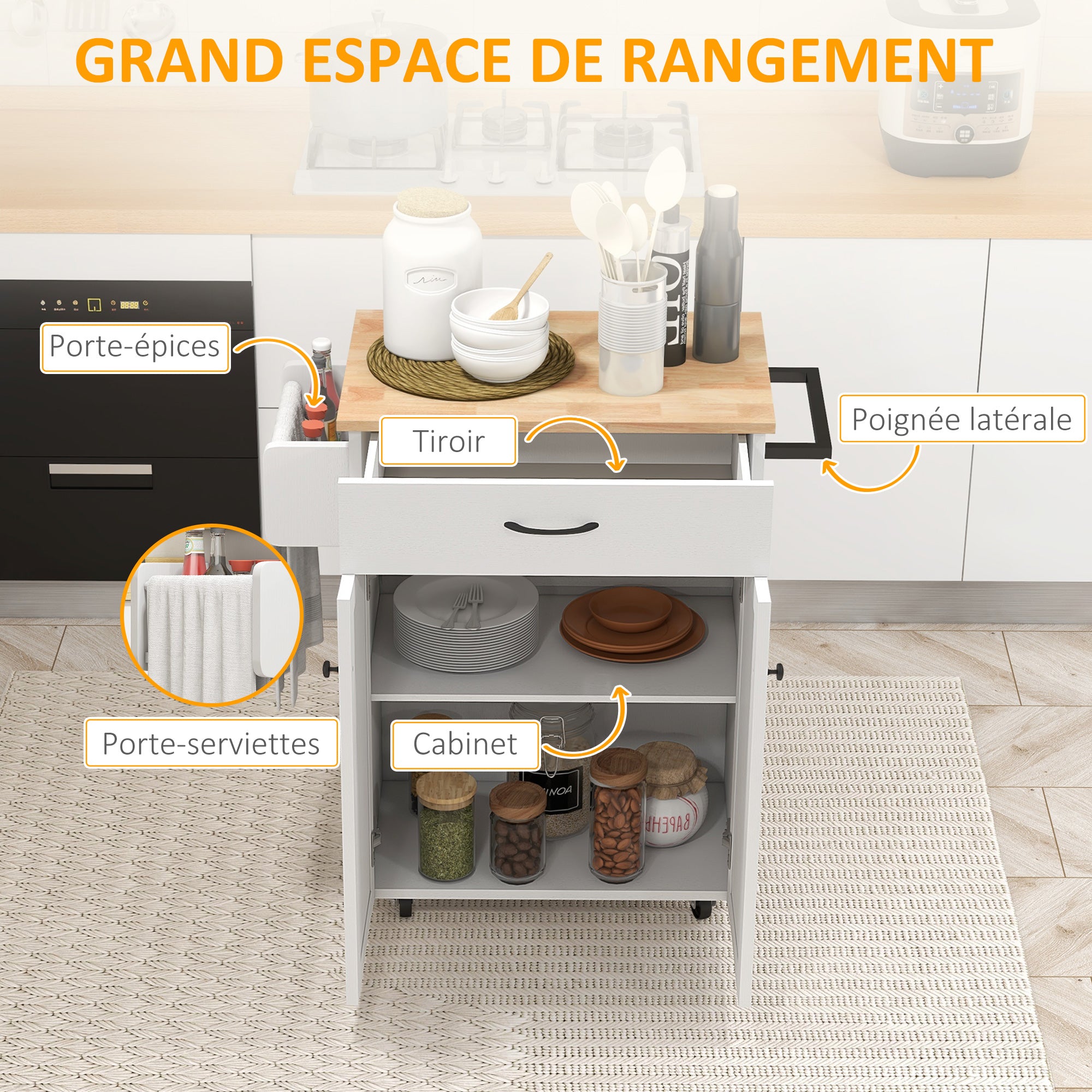 Kitchen Trolley, Rolling Serving Cart with Hevea Wood Top, Kitchen Furniture with Drawer, 2-Door Cabinet, and Spice Rack, 83 x 45 x 91.5 cm, White