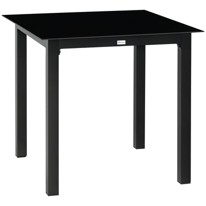 Garden Table, Square Dining Table for Garden, Balcony Table for 4 People Patio Table with Tempered Glass Top, Aluminum, Black, 80 x 80 x 74 cm