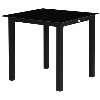 Garden Table, Square Dining Table for Garden, Balcony Table for 4 People Patio Table with Tempered Glass Top, Aluminum, Black, 80 x 80 x 74 cm