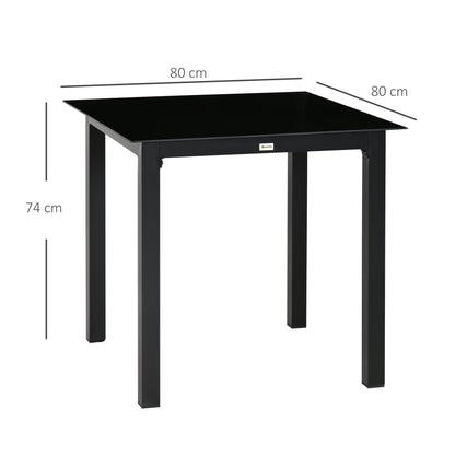 Garden Table, Square Dining Table for Garden, Balcony Table for 4 People Patio Table with Tempered Glass Top, Aluminum, Black, 80 x 80 x 74 cm