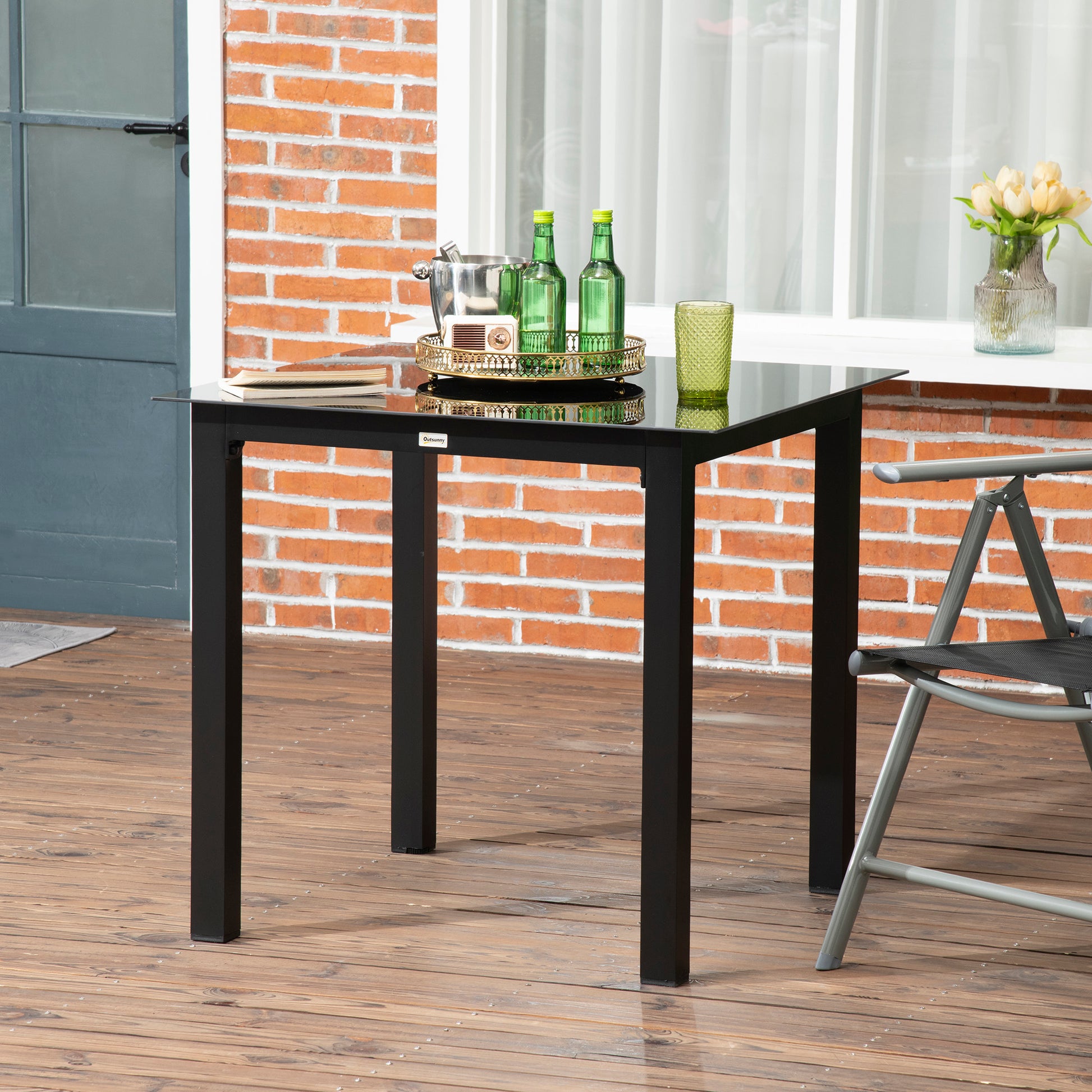 Garden Table, Square Dining Table for Garden, Balcony Table for 4 People Patio Table with Tempered Glass Top, Aluminum, Black, 80 x 80 x 74 cm