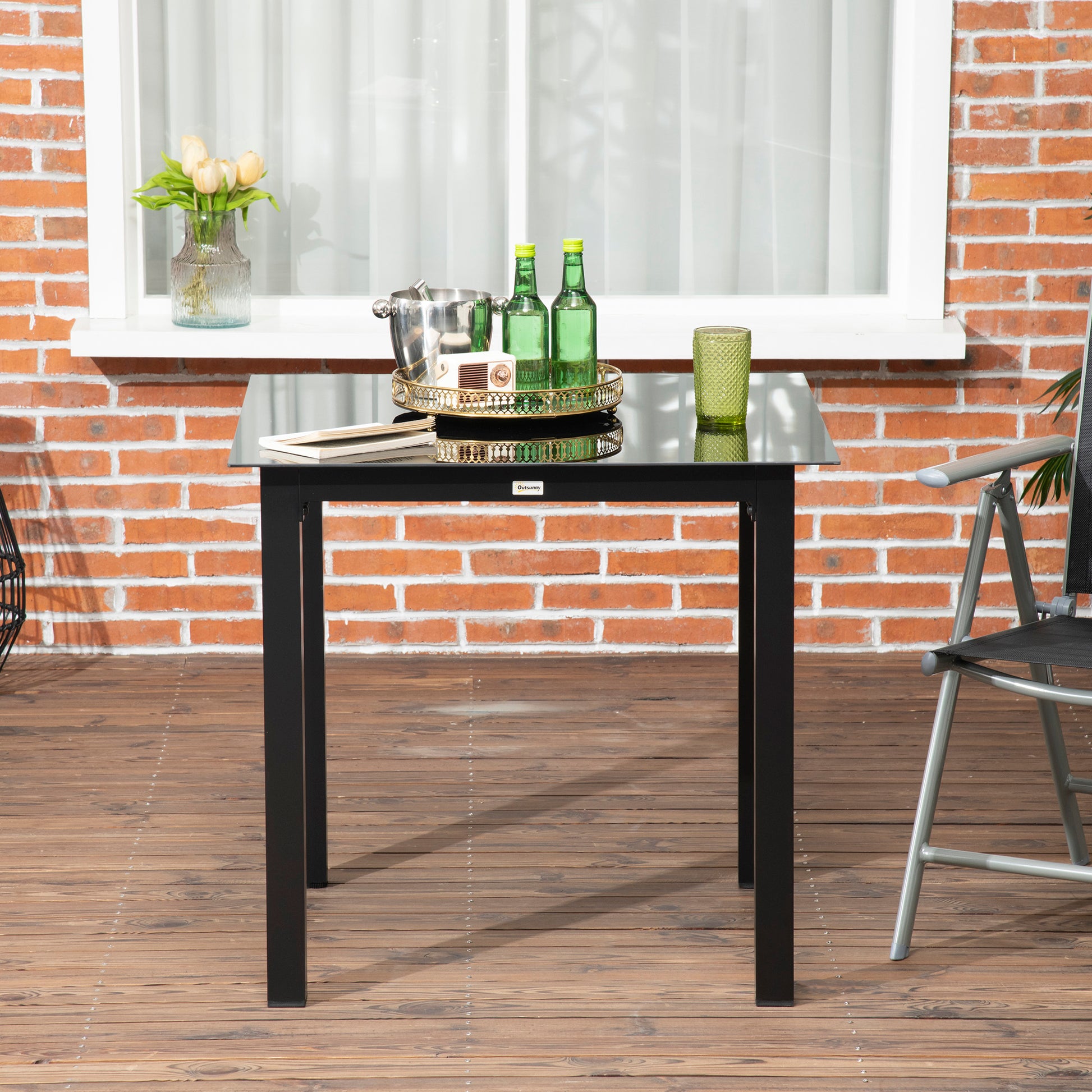 Garden Table, Square Dining Table for Garden, Balcony Table for 4 People Patio Table with Tempered Glass Top, Aluminum, Black, 80 x 80 x 74 cm