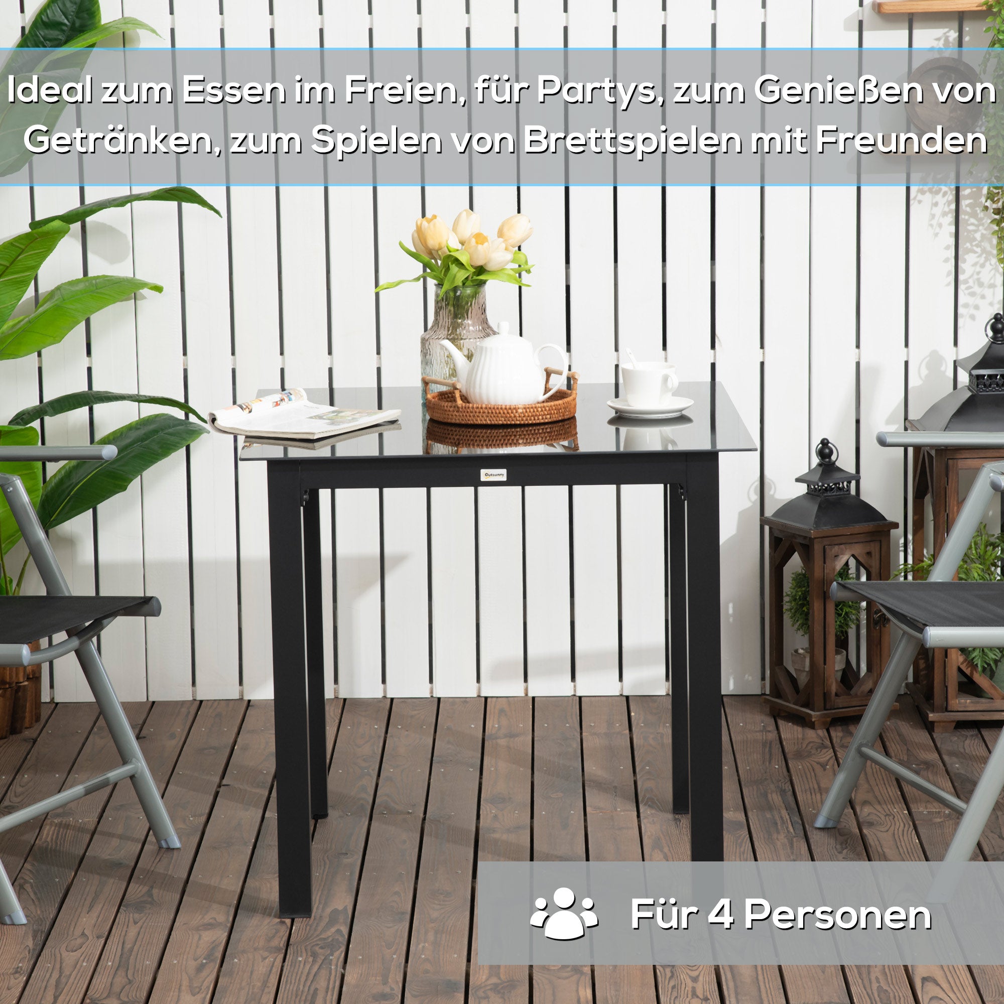 Garden Table, Square Dining Table for Garden, Balcony Table for 4 People Patio Table with Tempered Glass Top, Aluminum, Black, 80 x 80 x 74 cm