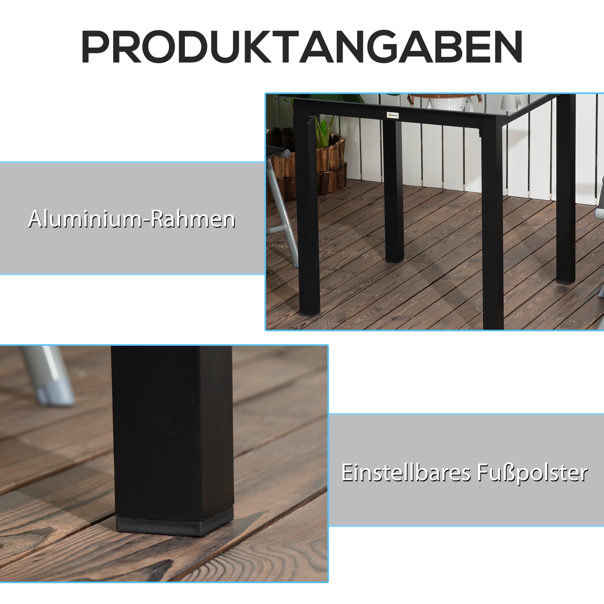 Garden Table, Square Dining Table for Garden, Balcony Table for 4 People Patio Table with Tempered Glass Top, Aluminum, Black, 80 x 80 x 74 cm