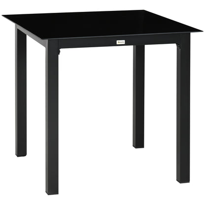 Garden Table, Square Dining Table for Garden, Balcony Table for 4 People Patio Table with Tempered Glass Top, Aluminum, Black, 80 x 80 x 74 cm