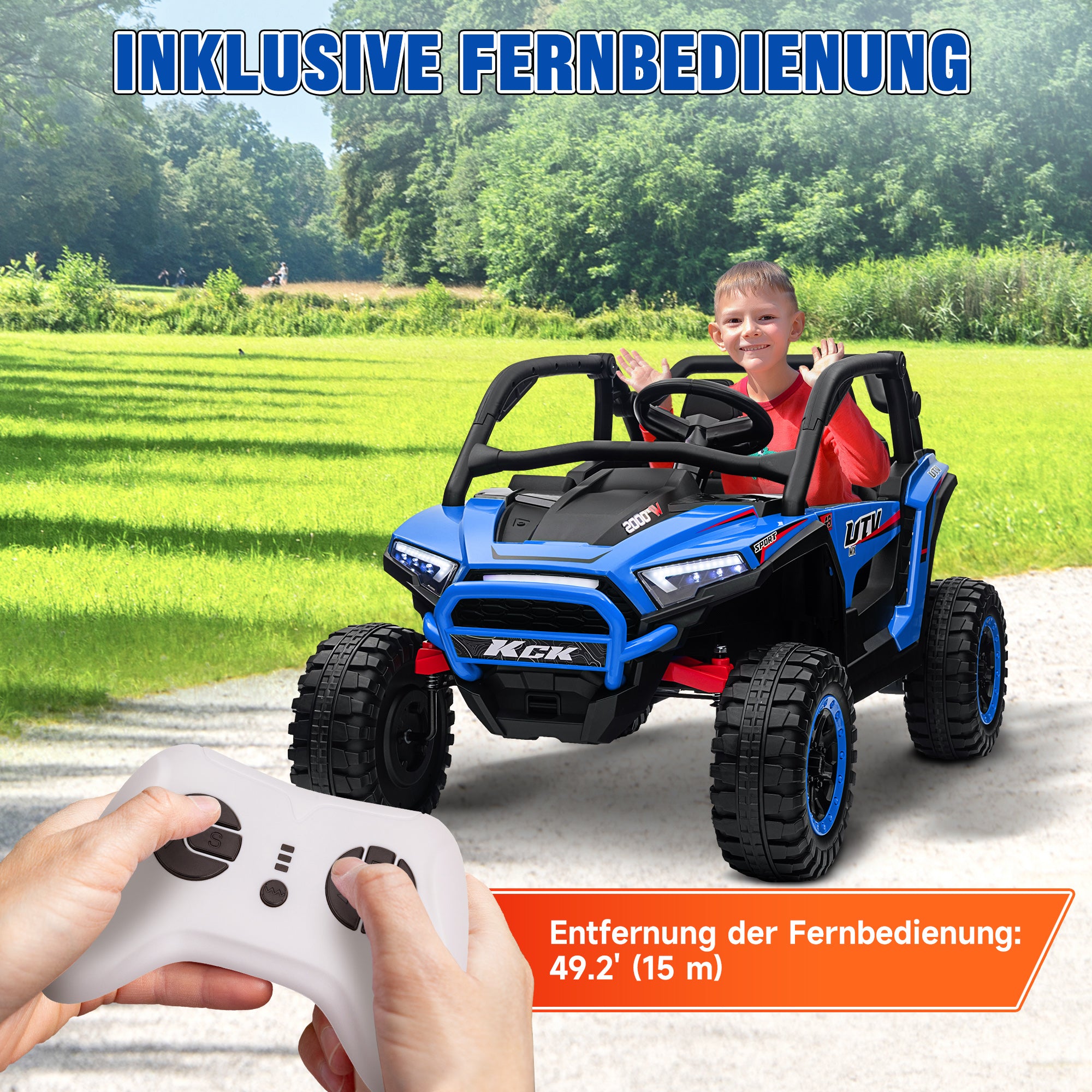 Kids Electric Car, 24V 5-7 km/h Off-Road Vehicle with Music Connection, Children's Vehicle with 2.4G Remote Control, Headlights, Horn, Electric Vehicle for Kids 3-8 Years, Blue