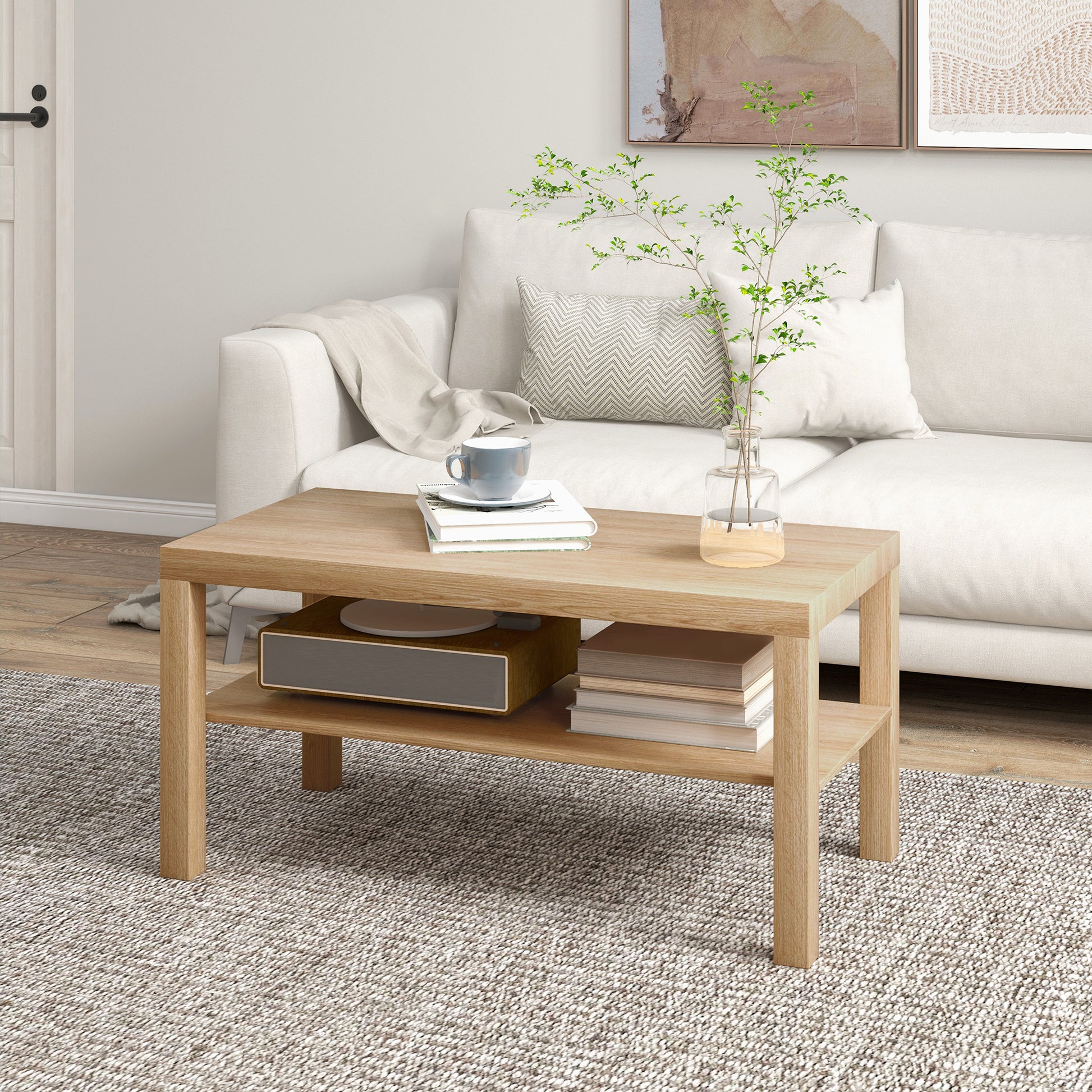 Coffee Table Low Table for Living Room with 2 Storage Shelves for Bedroom Living Room 90x45x44.5 cm Natural