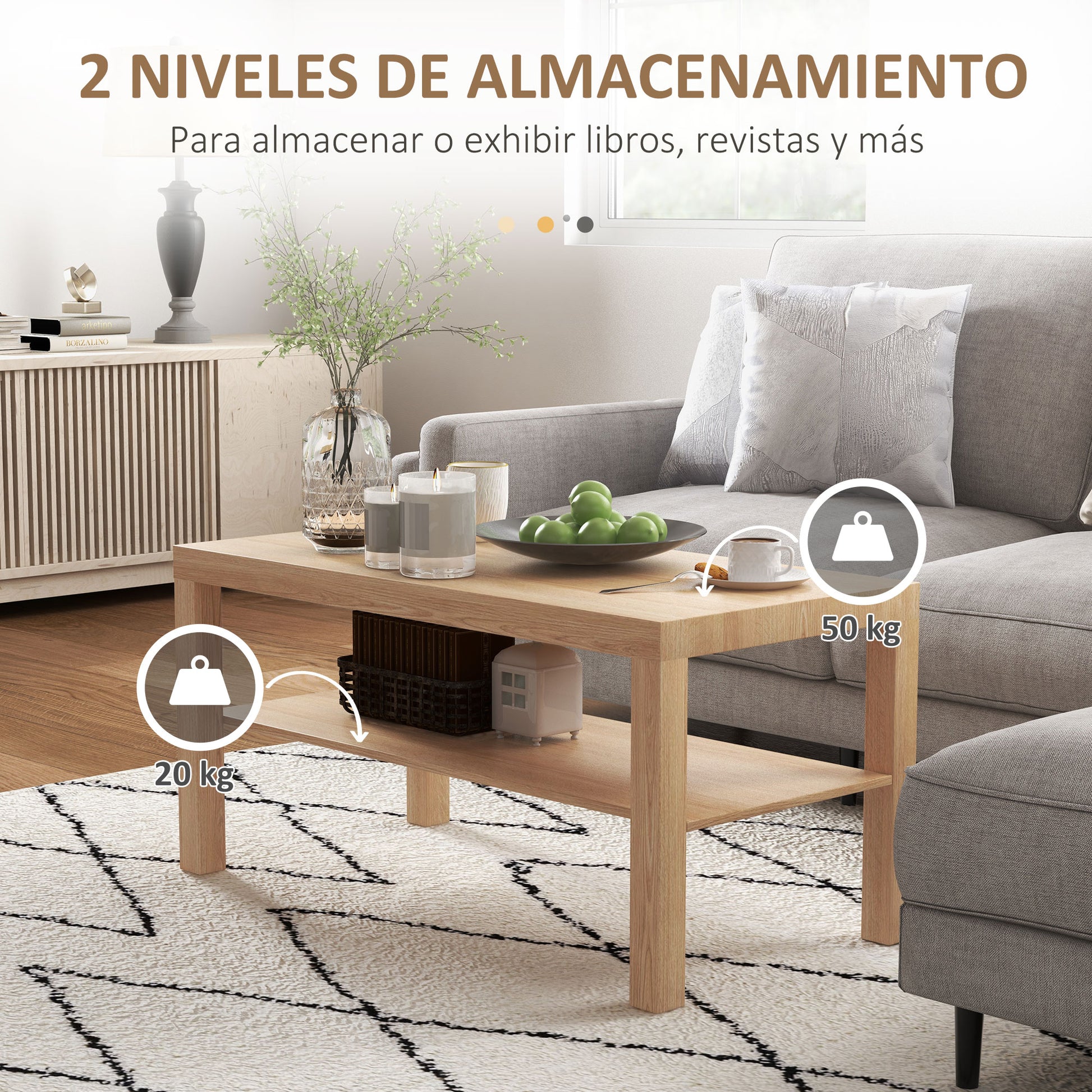 Coffee Table Low Table for Living Room with 2 Storage Shelves for Bedroom Living Room 90x45x44.5 cm Natural