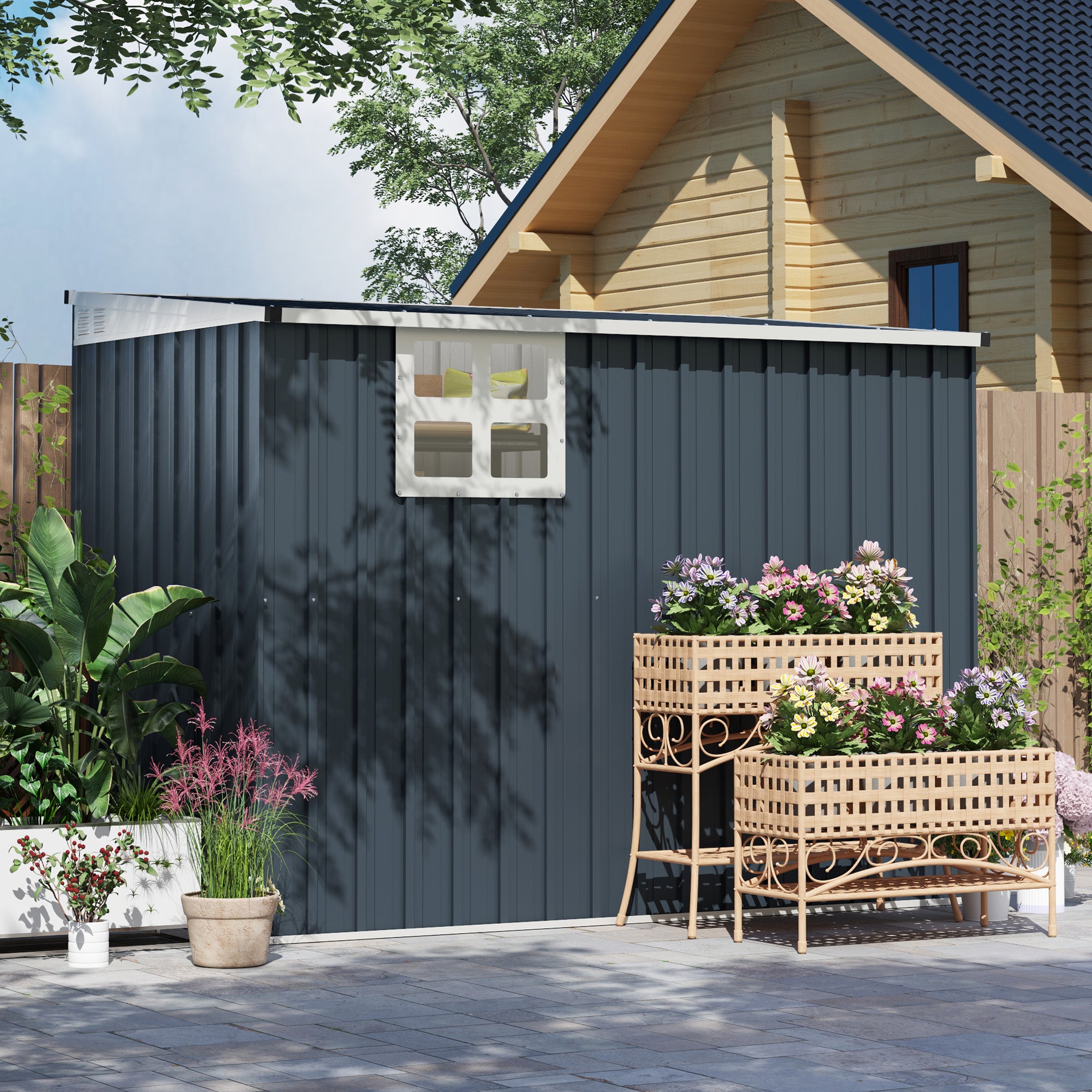 Metal Tool Shed 2.7m² 128x231x181cm Garden Shed with Mono-Pitched Roof Window Lockable Door Weatherproof Outdoor Garden Shed for Backyard Outdoor Area Dark Gray