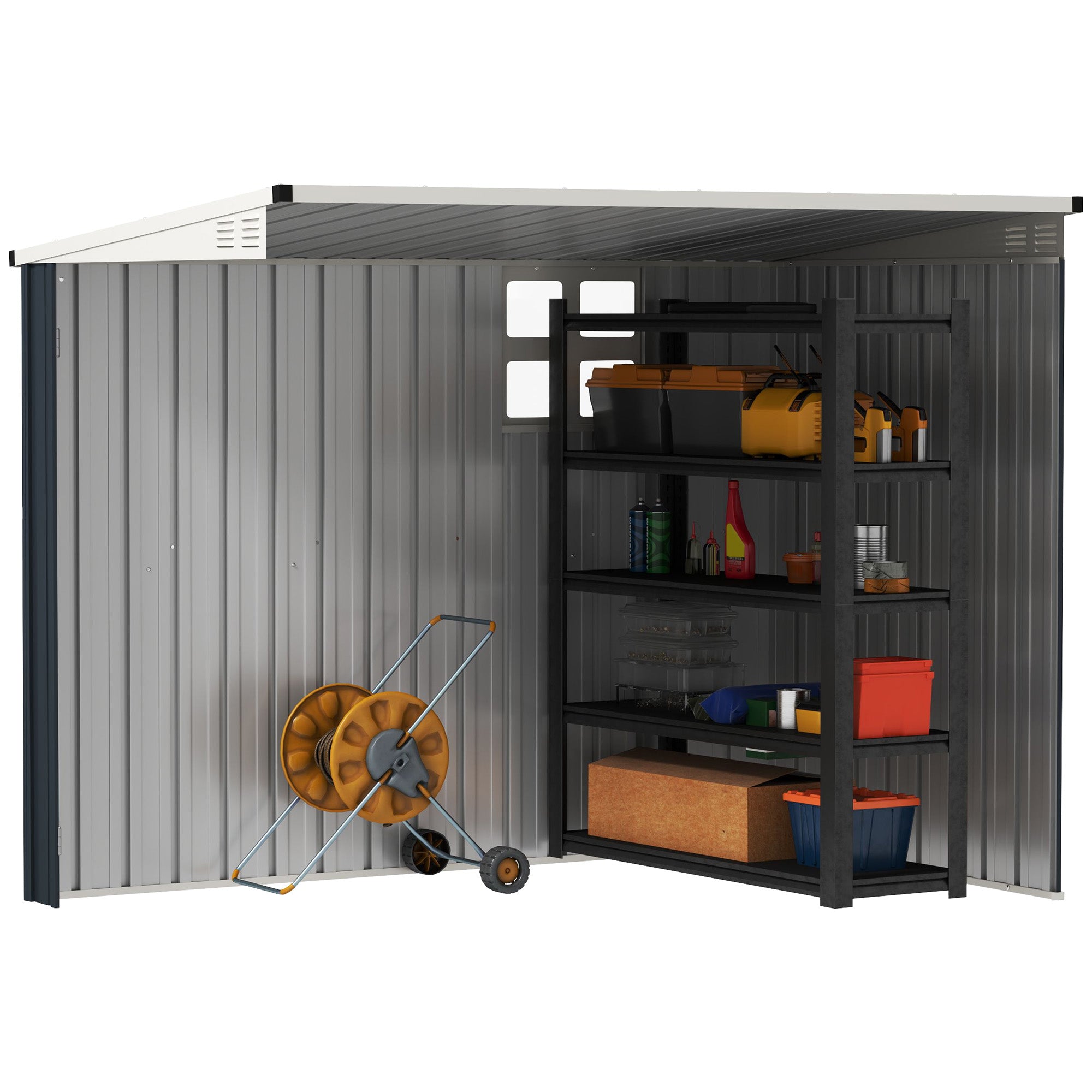 Metal Tool Shed 2.7m² 128x231x181cm Garden Shed with Mono-Pitched Roof Window Lockable Door Weatherproof Outdoor Garden Shed for Backyard Outdoor Area Dark Gray