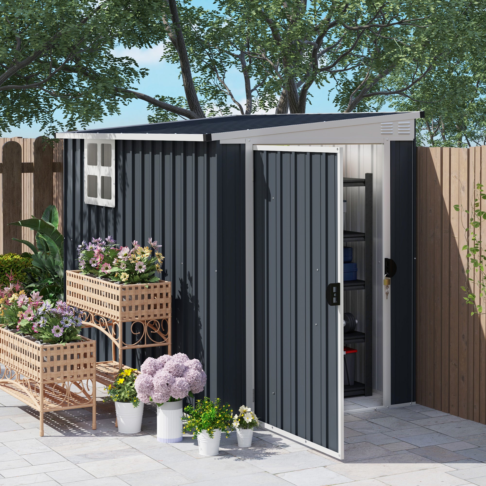 Metal Tool Shed 2.7m² 128x231x181cm Garden Shed with Mono-Pitched Roof Window Lockable Door Weatherproof Outdoor Garden Shed for Backyard Outdoor Area Dark Gray