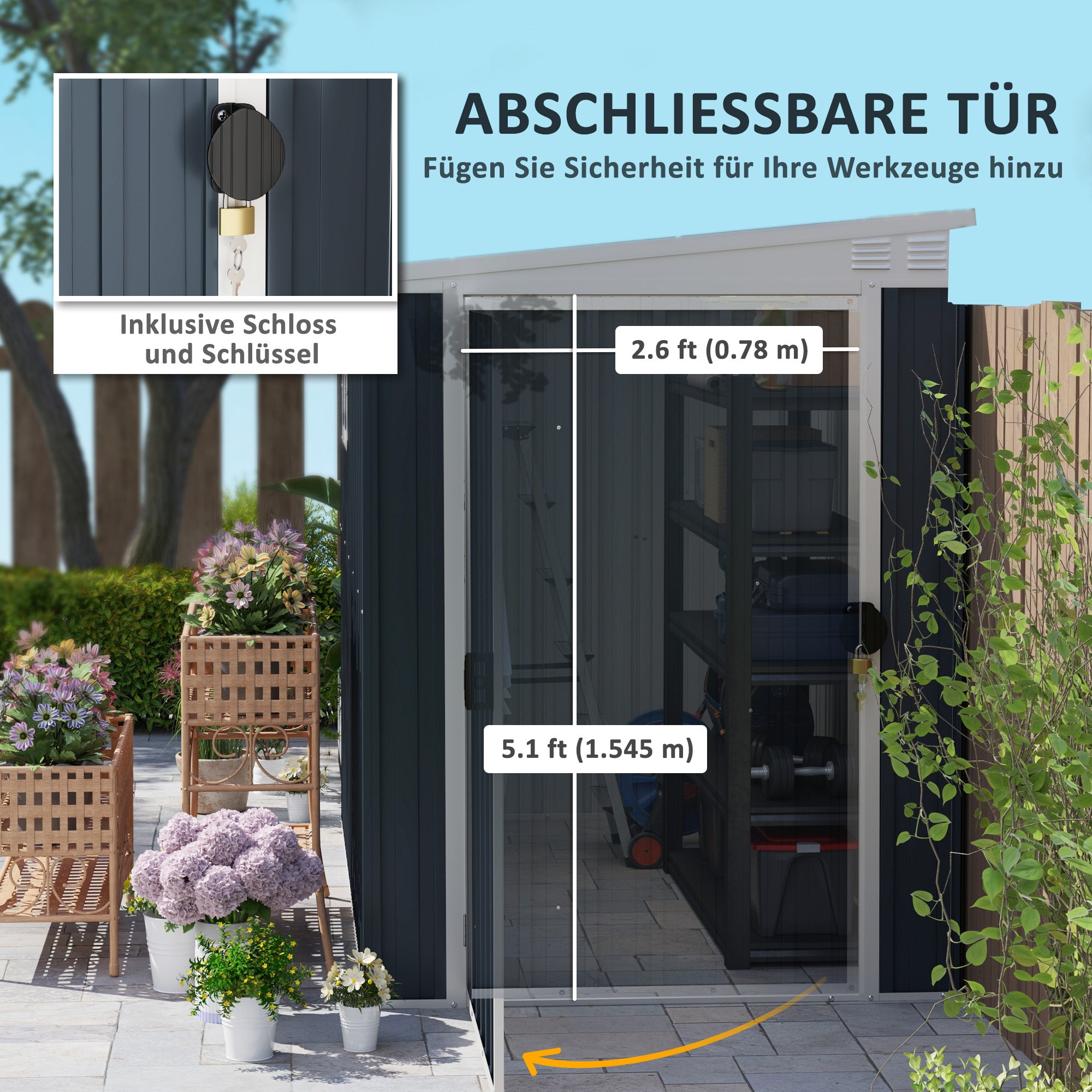 Metal Tool Shed 2.7m² 128x231x181cm Garden Shed with Mono-Pitched Roof Window Lockable Door Weatherproof Outdoor Garden Shed for Backyard Outdoor Area Dark Gray