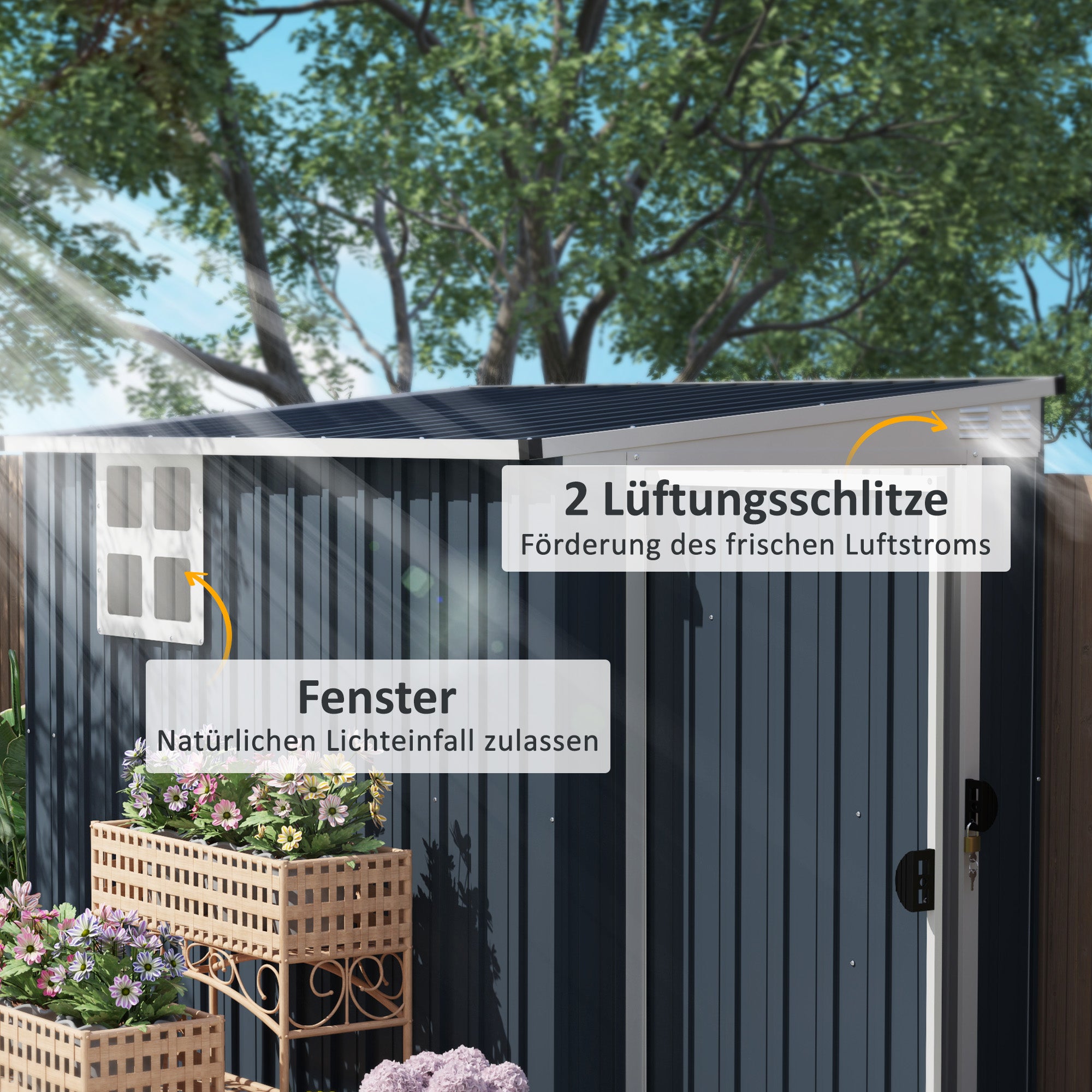 Metal Tool Shed 2.7m² 128x231x181cm Garden Shed with Mono-Pitched Roof Window Lockable Door Weatherproof Outdoor Garden Shed for Backyard Outdoor Area Dark Gray