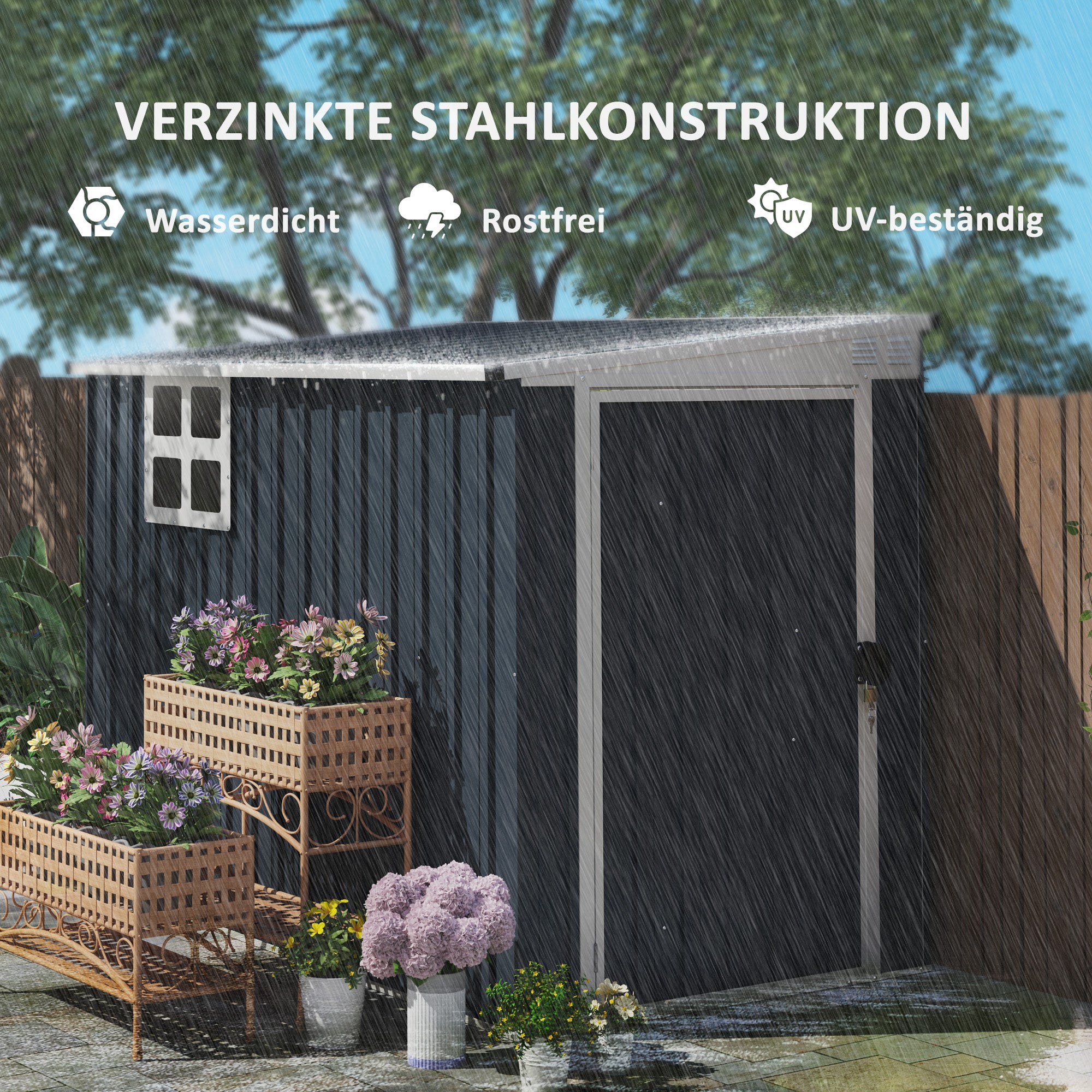 Metal Tool Shed 2.7m² 128x231x181cm Garden Shed with Mono-Pitched Roof Window Lockable Door Weatherproof Outdoor Garden Shed for Backyard Outdoor Area Dark Gray