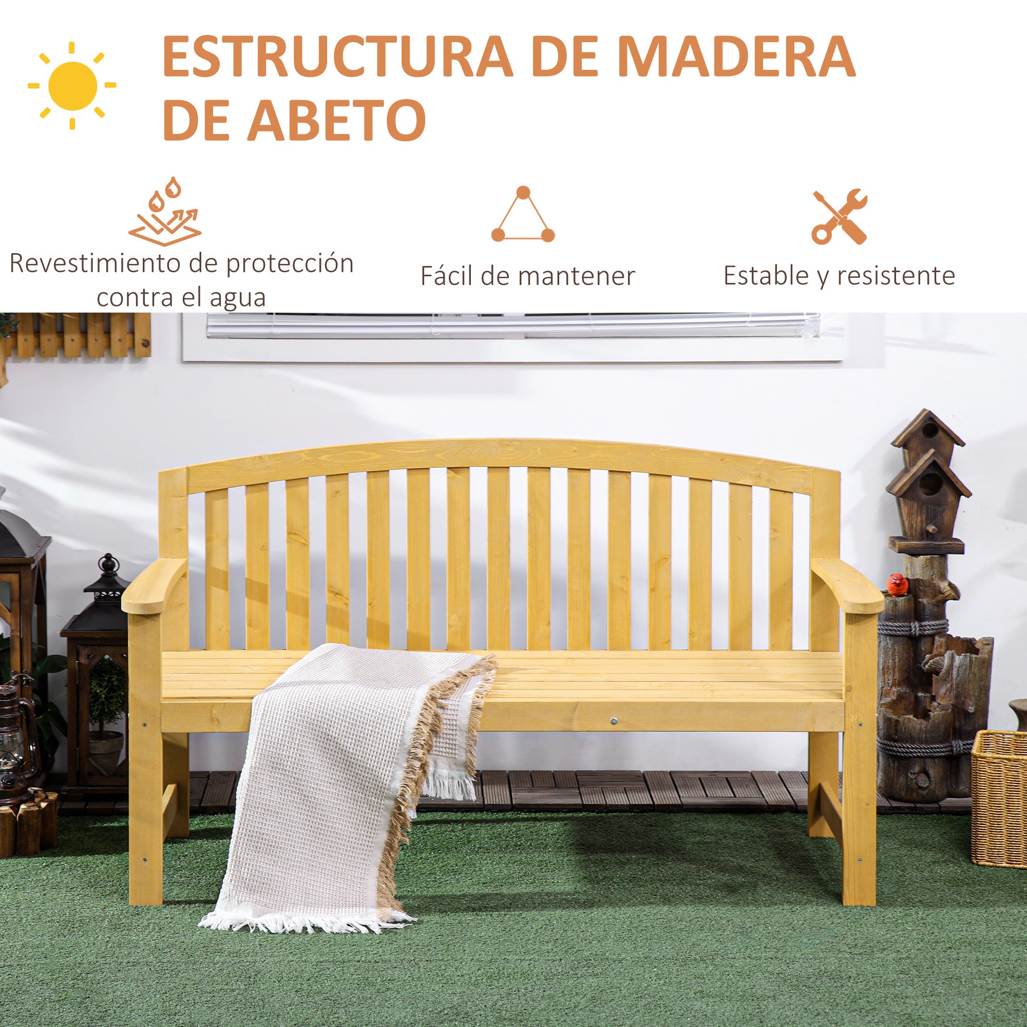2-Seater Garden Bench Outdoor Wooden Slatted Bench with Backrest and Armrests for Patio Terrace 143x51x85 cm Natural