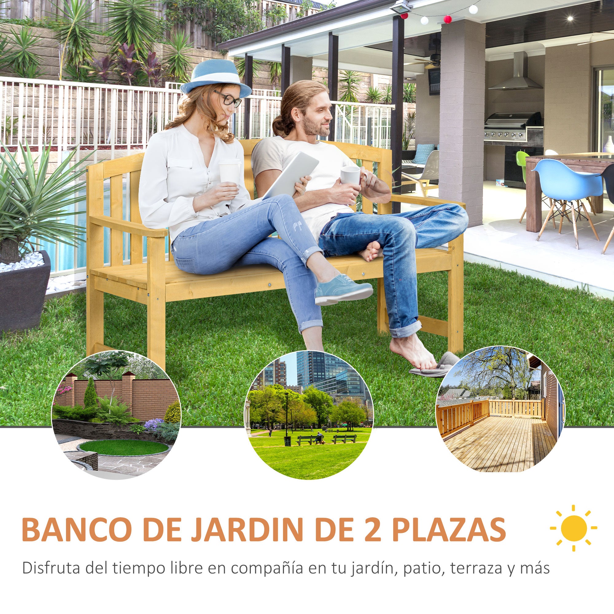 2-Seater Garden Bench Outdoor Wooden Slatted Bench with Backrest and Armrests for Patio Terrace 143x51x85 cm Natural