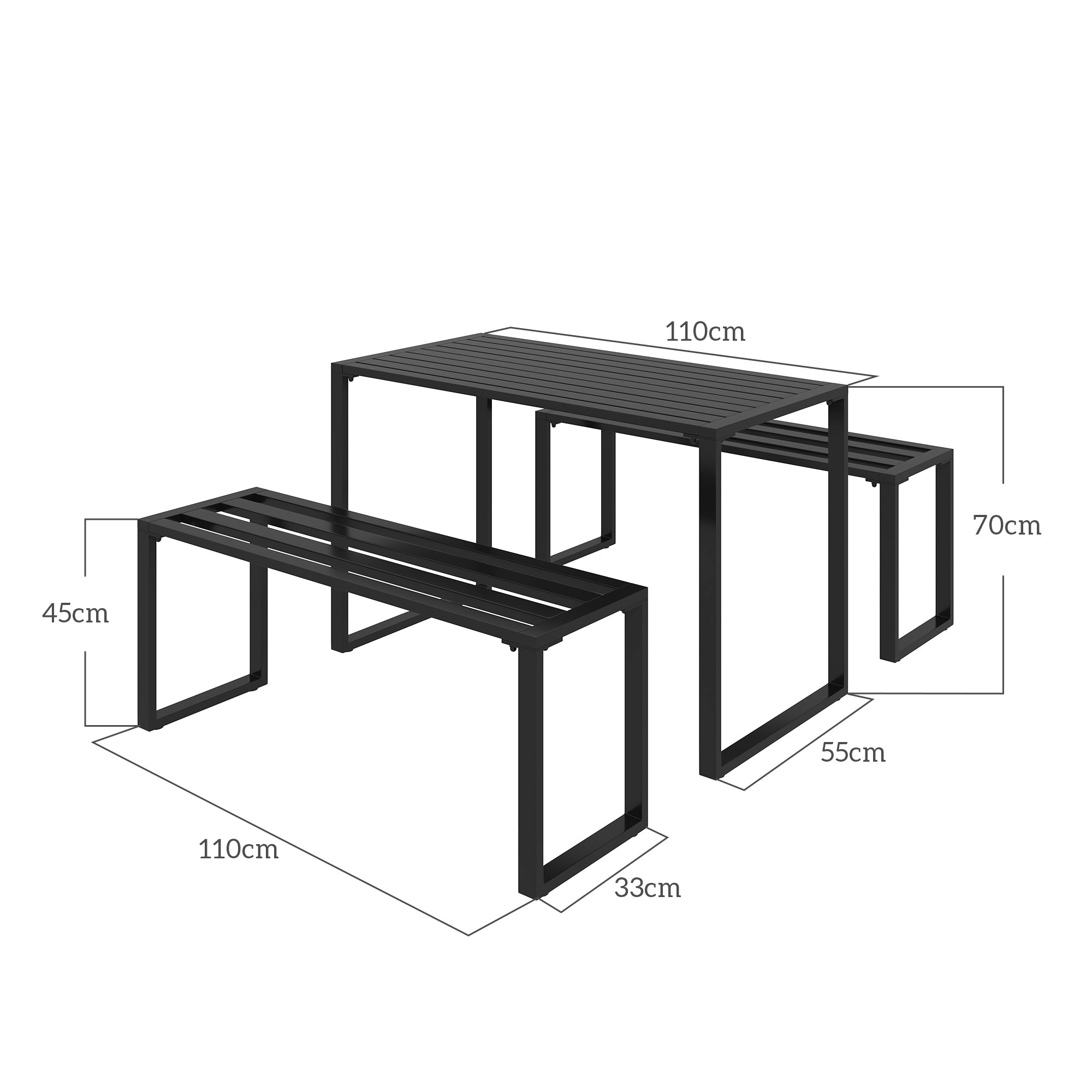 Outdoor Furniture Set 3-piece Seating Group Garden Furniture 1 x Table 2 x Bench Metal Black 110 x 55 x 70 cm