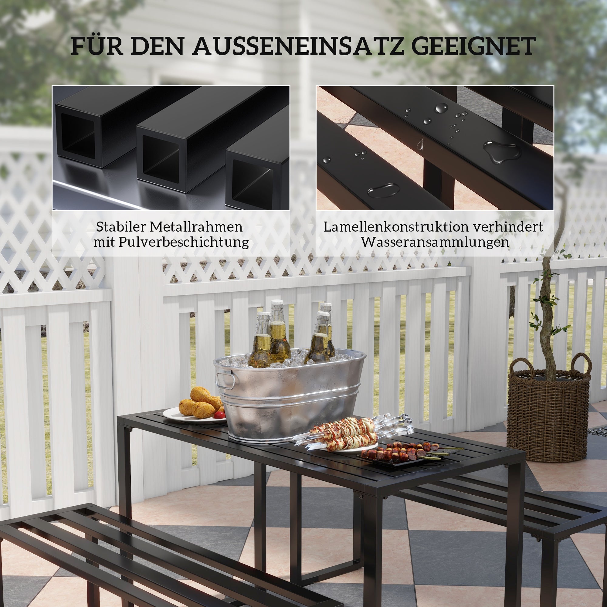 Outdoor Furniture Set 3-piece Seating Group Garden Furniture 1 x Table 2 x Bench Metal Black 110 x 55 x 70 cm