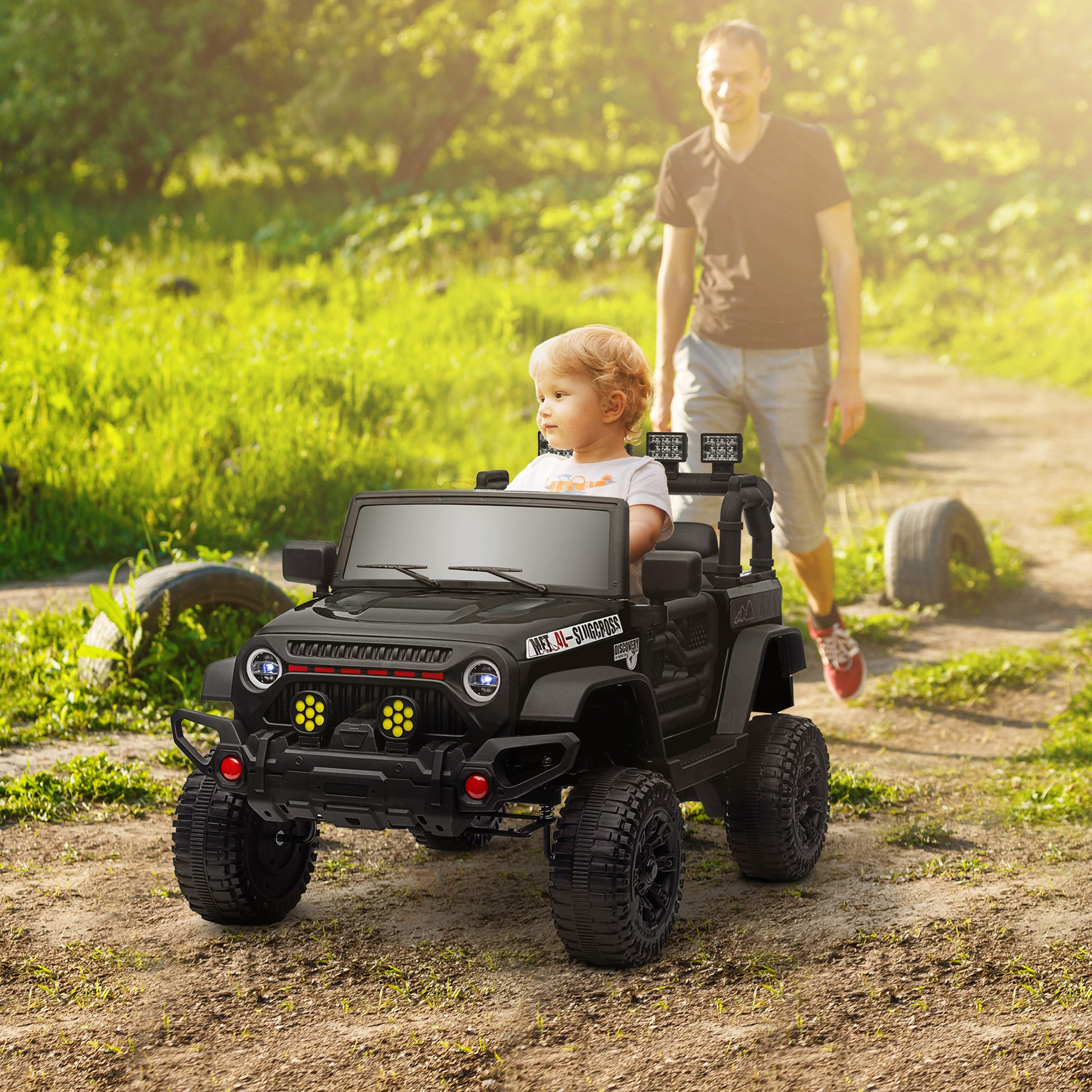 Kids Electric Car for +3 Years Off-Road Battery 12V Electric Children's Car with Remote Control Shock Absorbing Wheels Bluetooth LED Headlights Horn Music Black