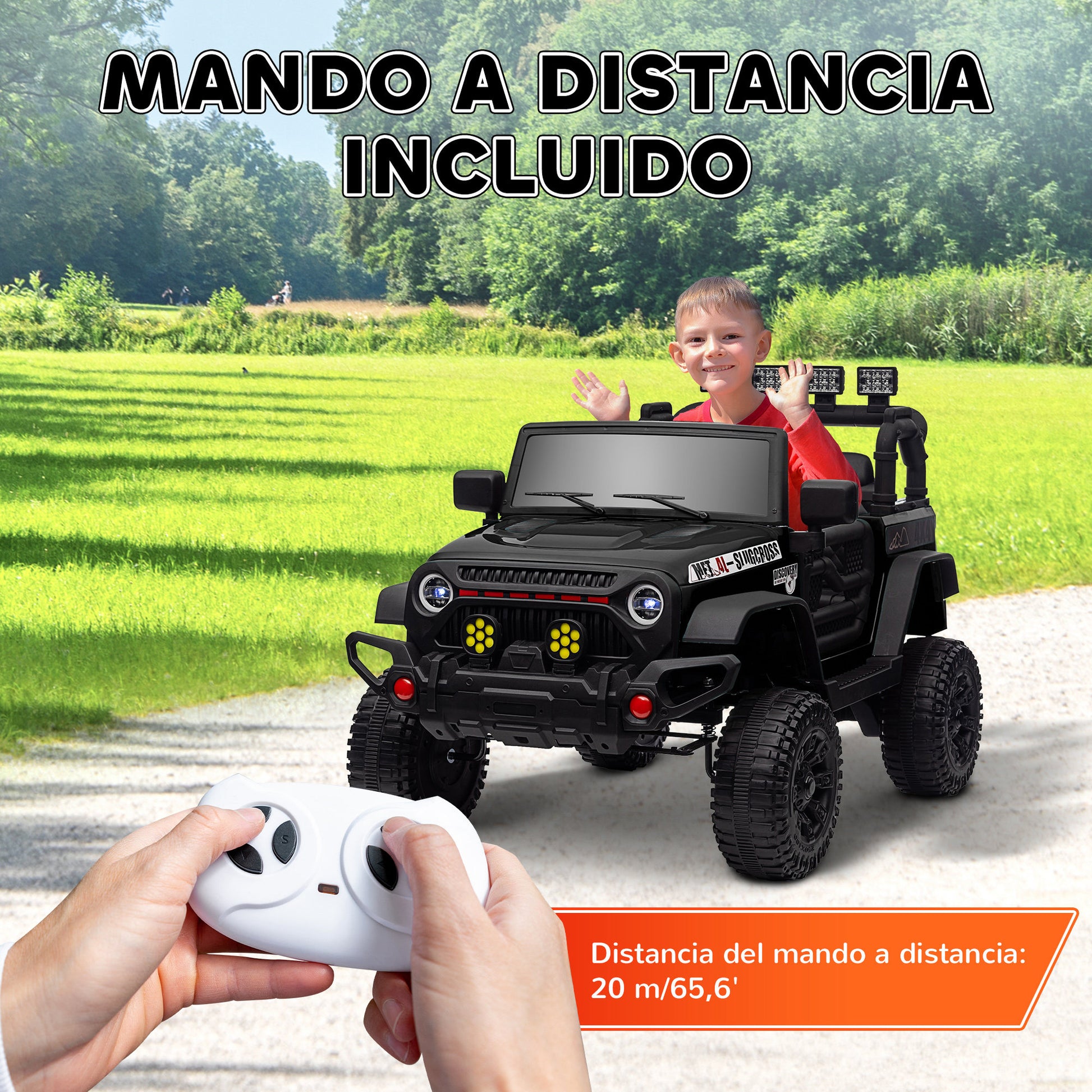 Kids Electric Car for +3 Years Off-Road Battery 12V Electric Children's Car with Remote Control Shock Absorbing Wheels Bluetooth LED Headlights Horn Music Black