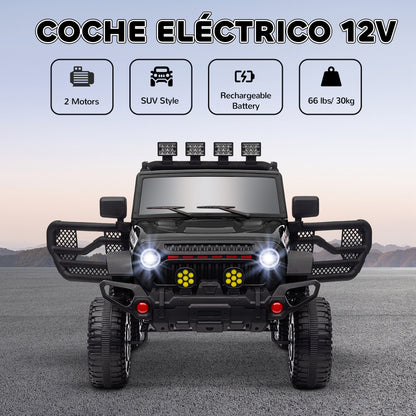 Kids Electric Car for +3 Years Off-Road Battery 12V Electric Children's Car with Remote Control Shock Absorbing Wheels Bluetooth LED Headlights Horn Music Black