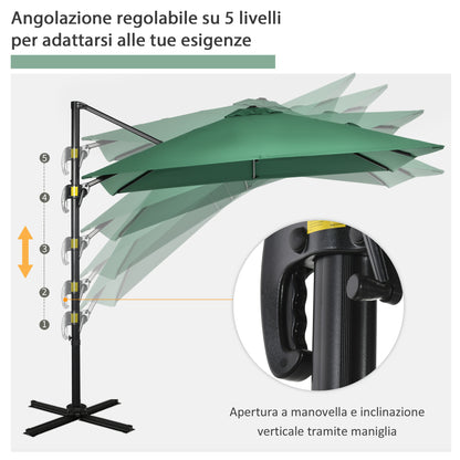 Crank Garden Umbrella 2.5x2.5m with 360° Rotation, Arm Balcony Umbrella with Base, Air Vent and Adjustable Sunshade on 5 Levels, Green