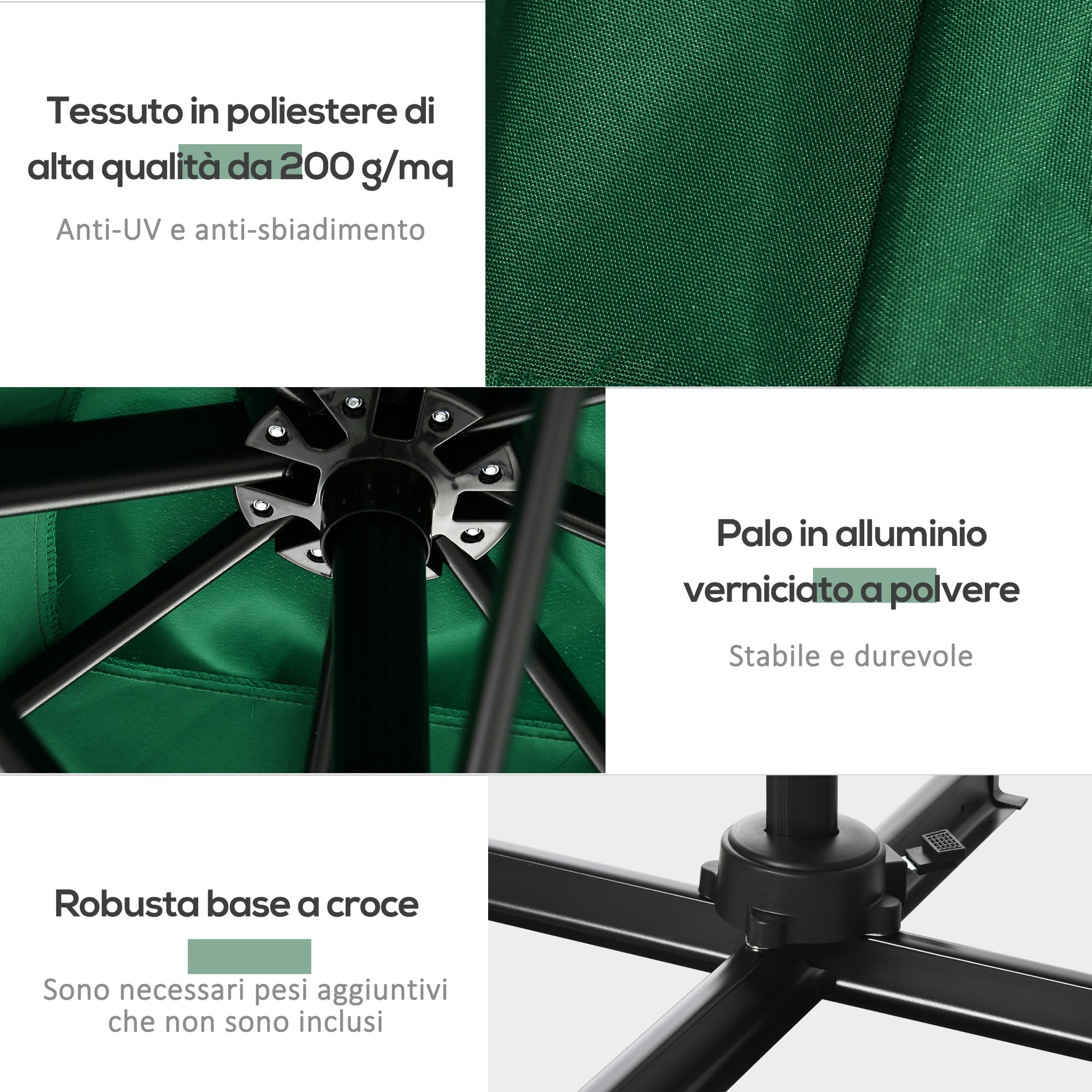 Crank Garden Umbrella 2.5x2.5m with 360° Rotation, Arm Balcony Umbrella with Base, Air Vent and Adjustable Sunshade on 5 Levels, Green