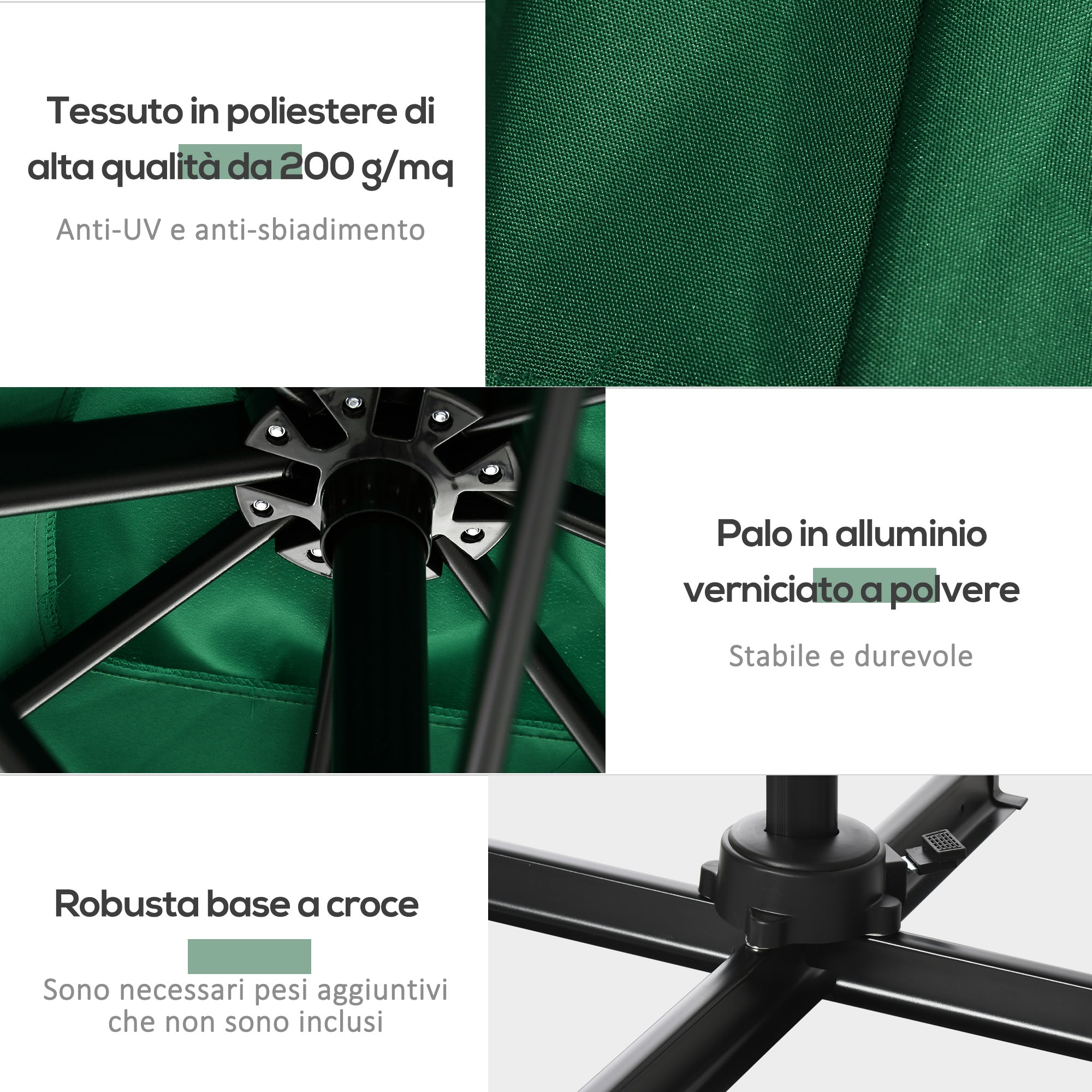 Crank Garden Umbrella 2.5x2.5m with 360° Rotation, Arm Balcony Umbrella with Base, Air Vent and Adjustable Sunshade on 5 Levels, Green