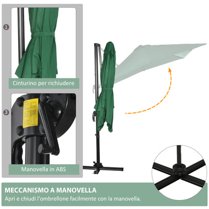 Crank Garden Umbrella 2.5x2.5m with 360° Rotation, Arm Balcony Umbrella with Base, Air Vent and Adjustable Sunshade on 5 Levels, Green