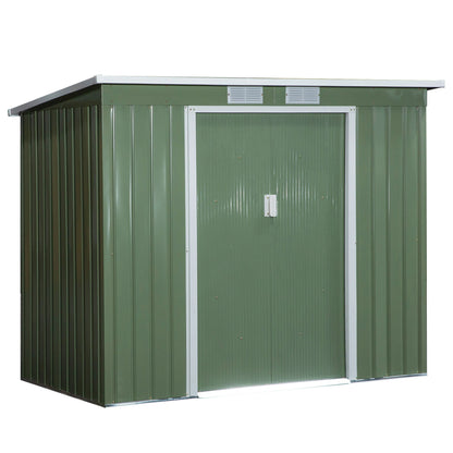 Tool Shed 2.42 m², Garden House with Ventilation Window, Sliding Door, Foundation, 213 x 130 x 159/172 cm, Tool Shed Made of Galvanized Steel, Weatherproof, for Garden, Green