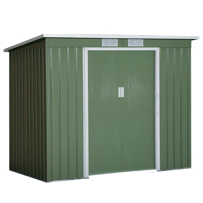 Tool Shed 2.42 m², Garden House with Ventilation Window, Sliding Door, Foundation, 213 x 130 x 159/172 cm, Tool Shed Made of Galvanized Steel, Weatherproof, for Garden, Green