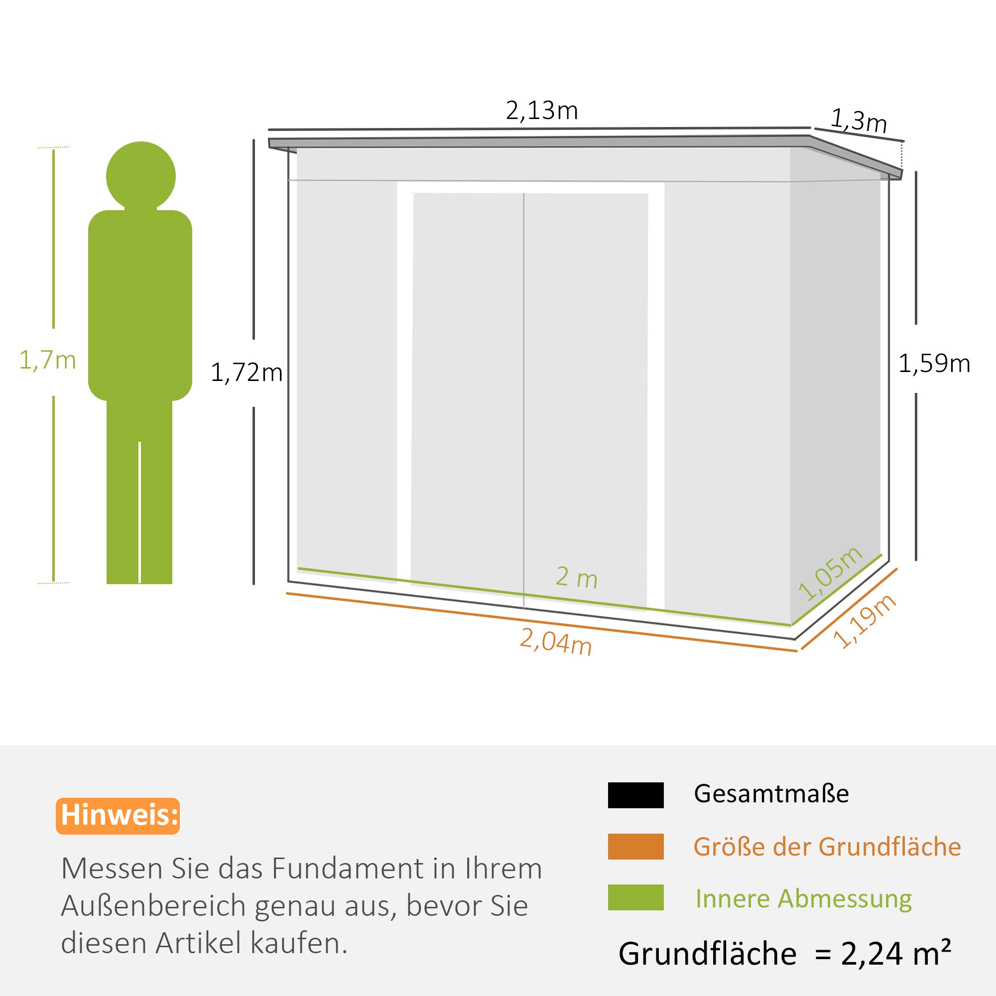Tool Shed 2.42 m², Garden House with Ventilation Window, Sliding Door, Foundation, 213 x 130 x 159/172 cm, Tool Shed Made of Galvanized Steel, Weatherproof, for Garden, Green
