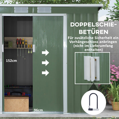 Tool Shed 2.42 m², Garden House with Ventilation Window, Sliding Door, Foundation, 213 x 130 x 159/172 cm, Tool Shed Made of Galvanized Steel, Weatherproof, for Garden, Green