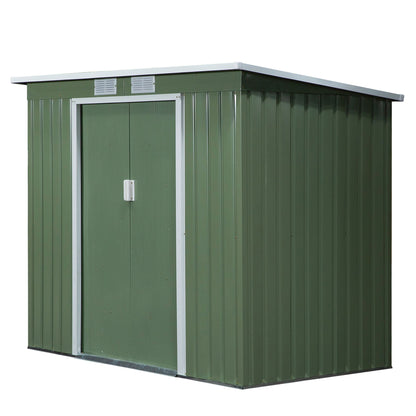 Tool Shed 2.42 m², Garden House with Ventilation Window, Sliding Door, Foundation, 213 x 130 x 159/172 cm, Tool Shed Made of Galvanized Steel, Weatherproof, for Garden, Green