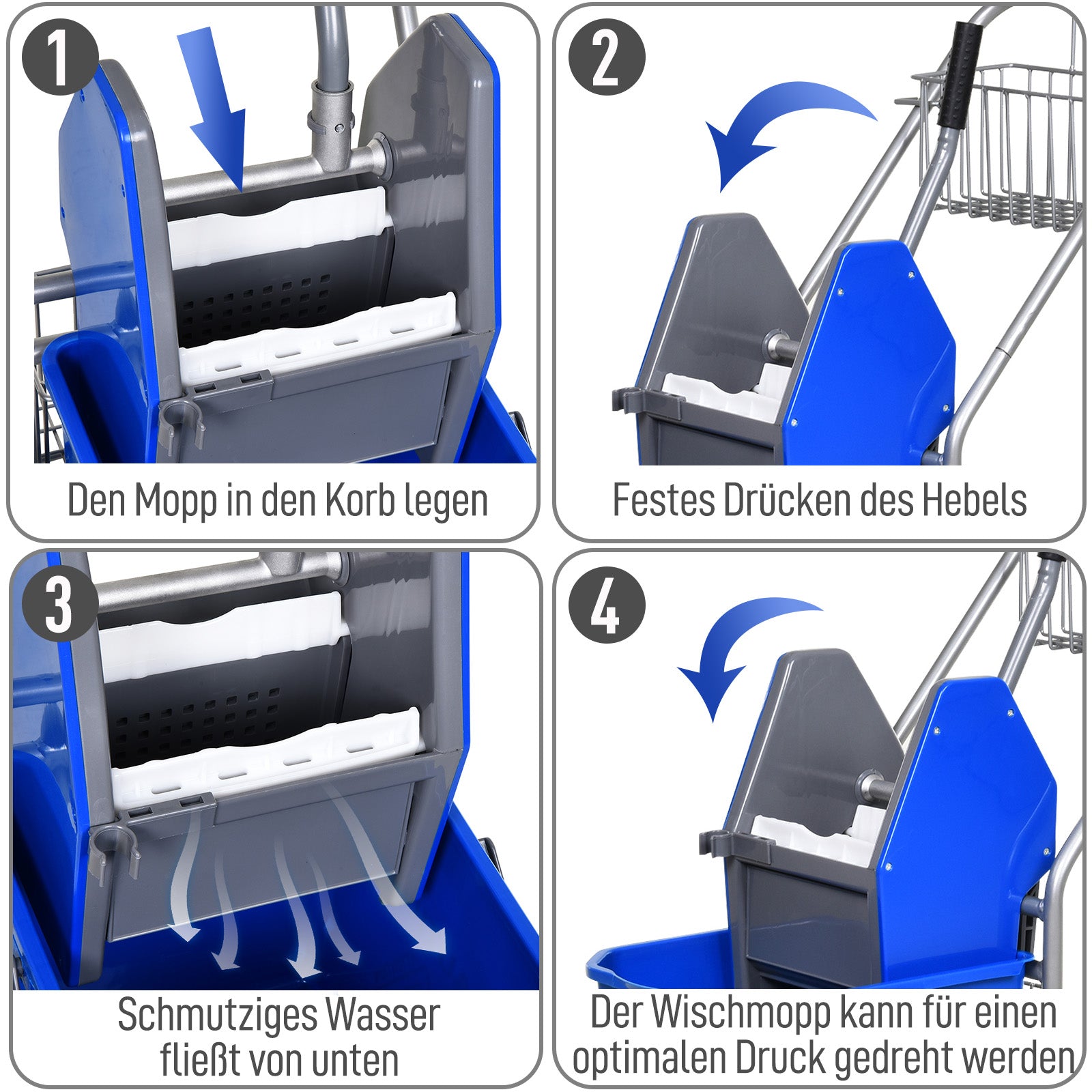 Cleaning Trolley 26 Liter Cleaning Cart with Wringer, Household Cart with Rollers, Hook for Mop Blue
