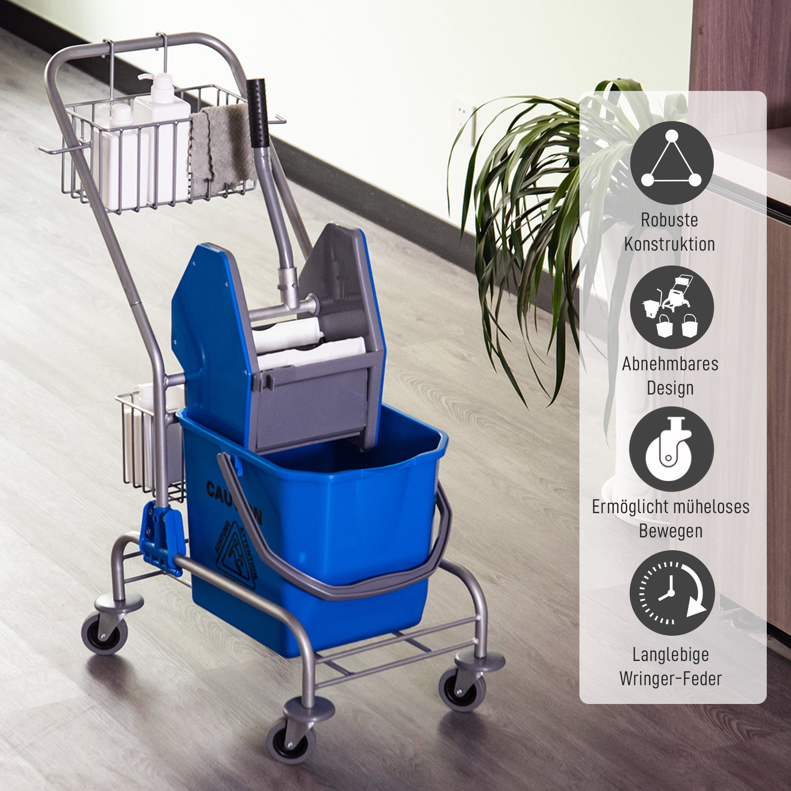 Cleaning Trolley 26 Liter Cleaning Cart with Wringer, Household Cart with Rollers, Hook for Mop Blue