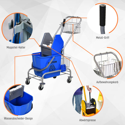 Cleaning Trolley 26 Liter Cleaning Cart with Wringer, Household Cart with Rollers, Hook for Mop Blue