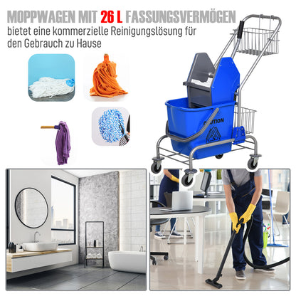 Cleaning Trolley 26 Liter Cleaning Cart with Wringer, Household Cart with Rollers, Hook for Mop Blue